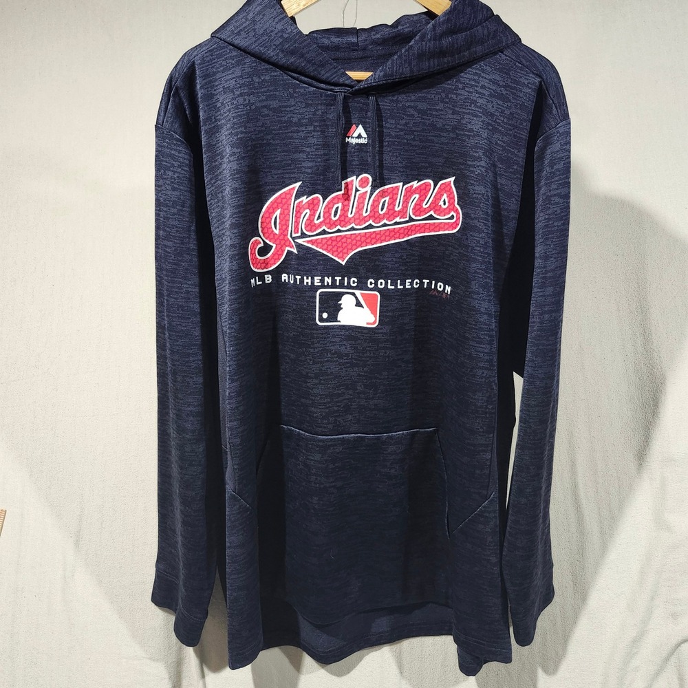 Majestic Cleveland Indians MLB Authentic Collection Hoodie Navy Blue‎ Mens XL